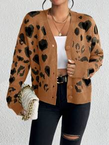 Chiquease 女士豹纹落肩长袖单排扣休闲开衫，秋冬 - 咖啡棕 - 查看 5