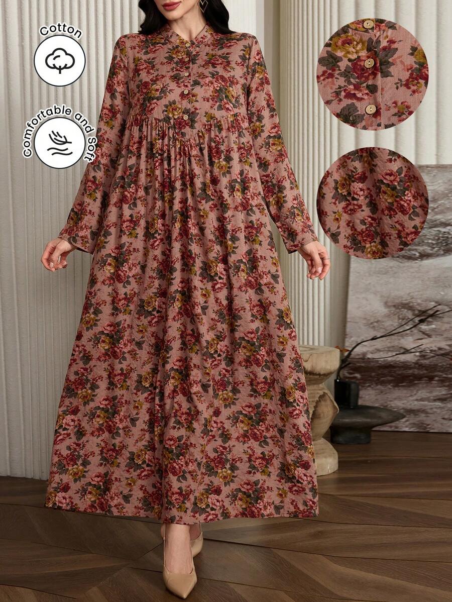 Al Najma Vestido estilo árabe franzido com estampa floral e manga longa com fecho de botão frontal, vestidos árabes estilo boho modesto, para viagens/casual/casa/férias
