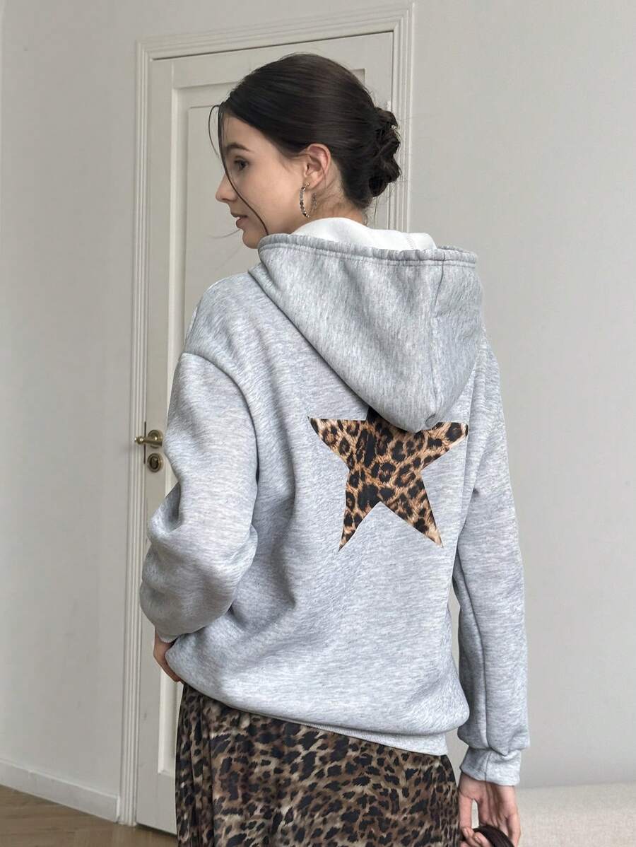 INAWLY Women's Leopard & Pentagram Print Hoodie Sweatshirt,Long Sleeve Tops - Light Grey - View 1