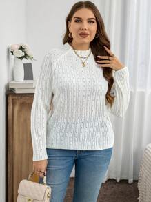 SHEIN LUNE 大码纯色镂空针织立领毛衣，适合秋冬季穿着 - 白色 - 查看 3