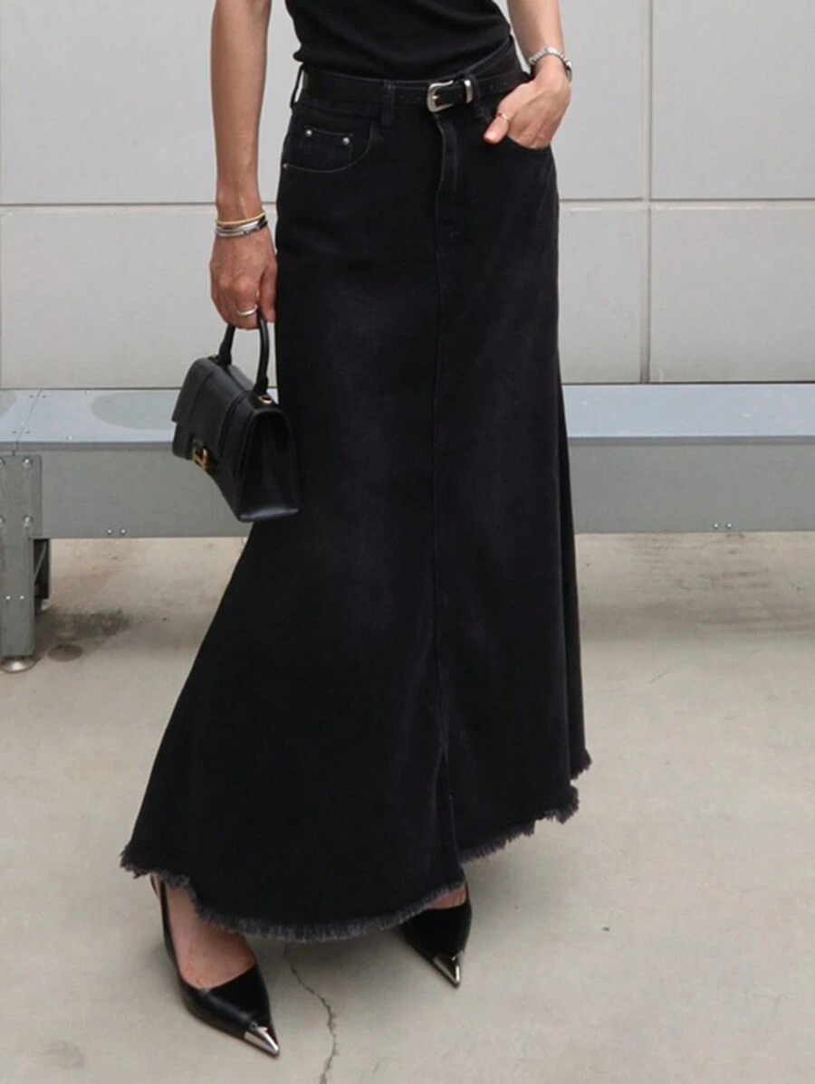 DAZY Women's Long Denim Fish Tail Skirt Jeans Skirt - Black - View 1