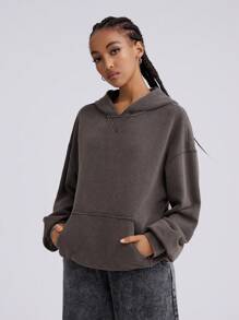 Muchica Damen Sweatshirt mit Kapuze, Kordel und Tasche, einfarbig, Lange Ärmel, Lässig, Verwaschen, Sportlich - Grau - Übersicht 6