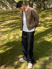 DAZY Black PU Leather Cargo Pants, Loose Fit For Men, Autumn - Black - View 4