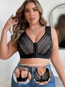 1 pièce de soutien-gorge sans armatures en dentelle contrastée à fermeture frontale grande taille, lingerie - Noir - Voir 1