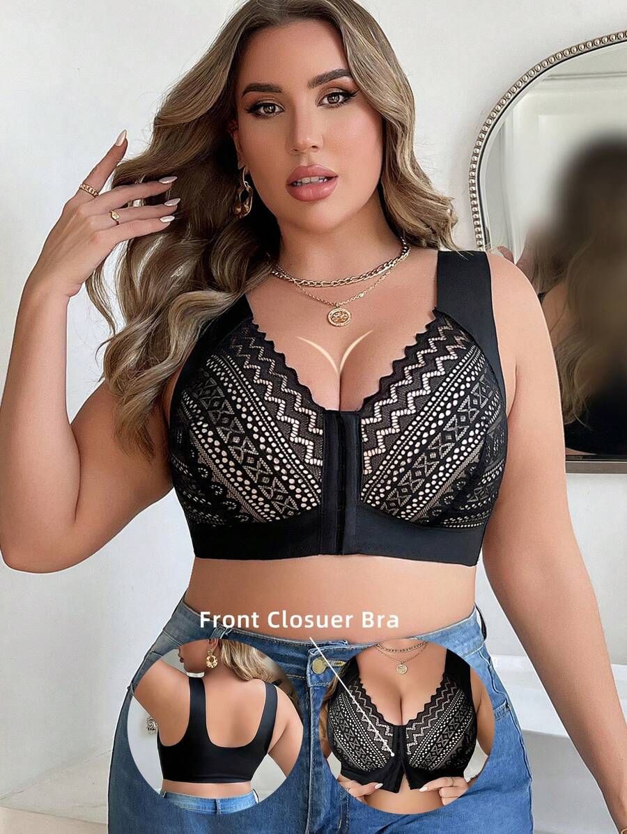 1 pièce de soutien-gorge sans armatures en dentelle contrastée à fermeture frontale grande taille, lingerie - Noir - Voir 1
