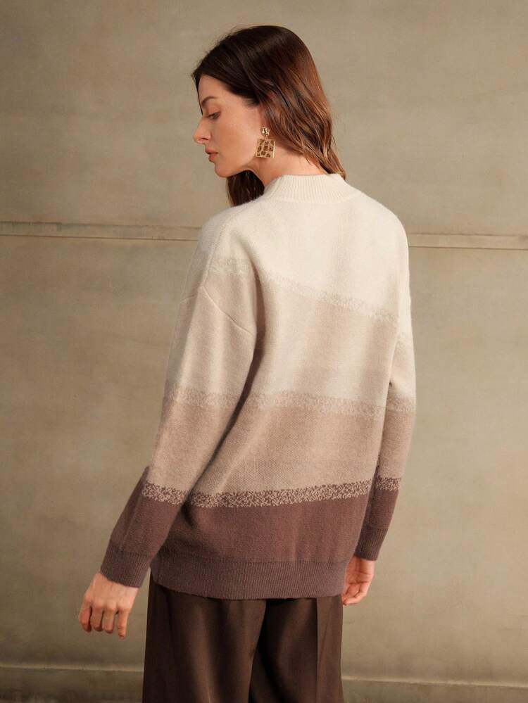 Christmas Crew Neck Long Sleeve Ombre Striped Contrast Color Elegant Pullover Sweater, Autumn/Winter, Knit Pullover Fall