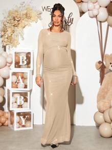 Loomaby 孕妇性别揭示长袖连衣裙闪亮交叉露背美人鱼长袖连衣裙适合婴儿洗礼派对 - 杏色 - 查看 5