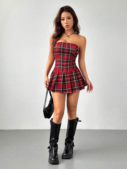 SHEIN PETITE 女士新款秋冬季露肩抹胸红色格子褶皱简约连衣裙返校服装适合圣诞节