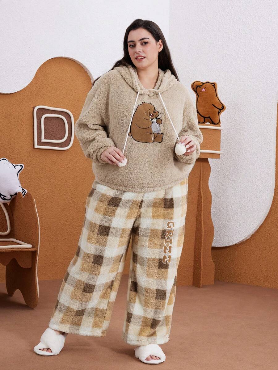 We Bare Bears X SHEIN Bộ đồ ngủ tay dài cổ tròn thêu hình gấu nâu dễ thương vui nhộn ấm áp cỡ lớn, rộng rãi, có tai gấu bông & quần tua rua, mùa thu/đông - Nhiều màu - Xem 1