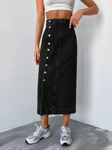 EURMUSE Button Front Split Thigh Denim Skirt - Black - View 4