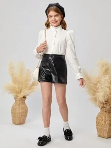 SHEIN Tween Girl Loose Solid Color Puff Sleeve Shirt - White - View 6