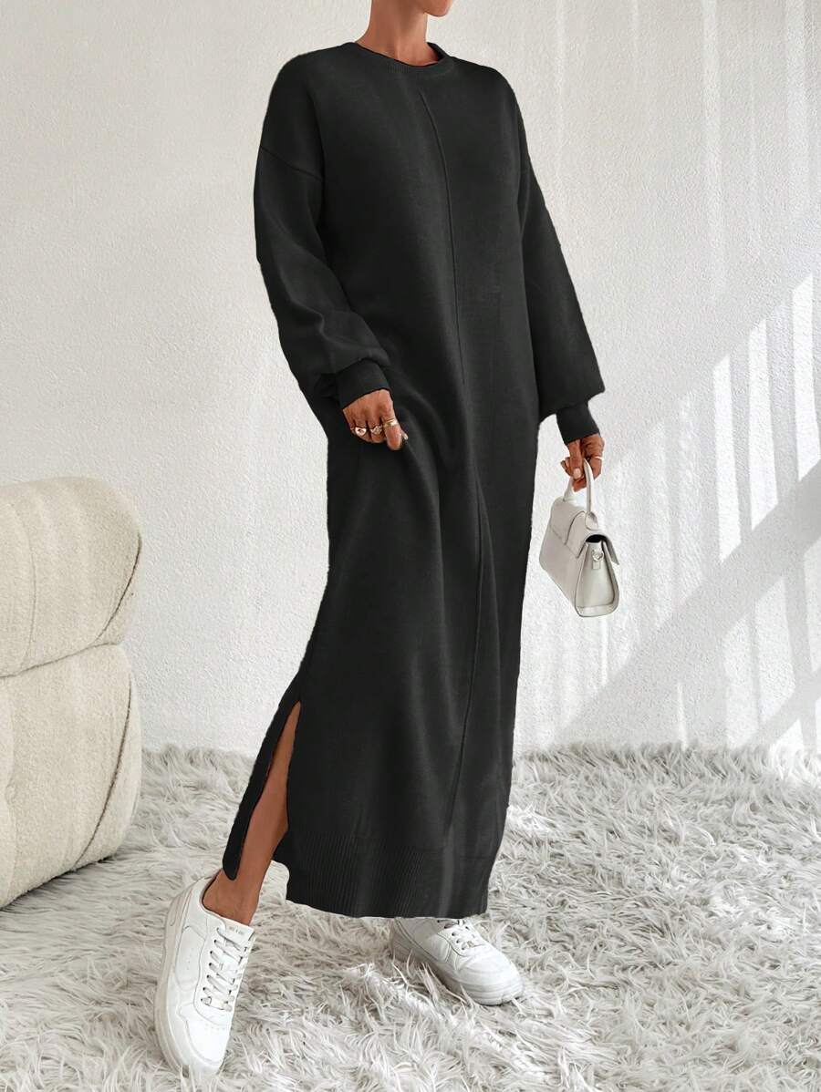 EURMUSE Solid Split Side Drop Shoulder Long Sweater Dress For Autumn & Winter - Black - View 1