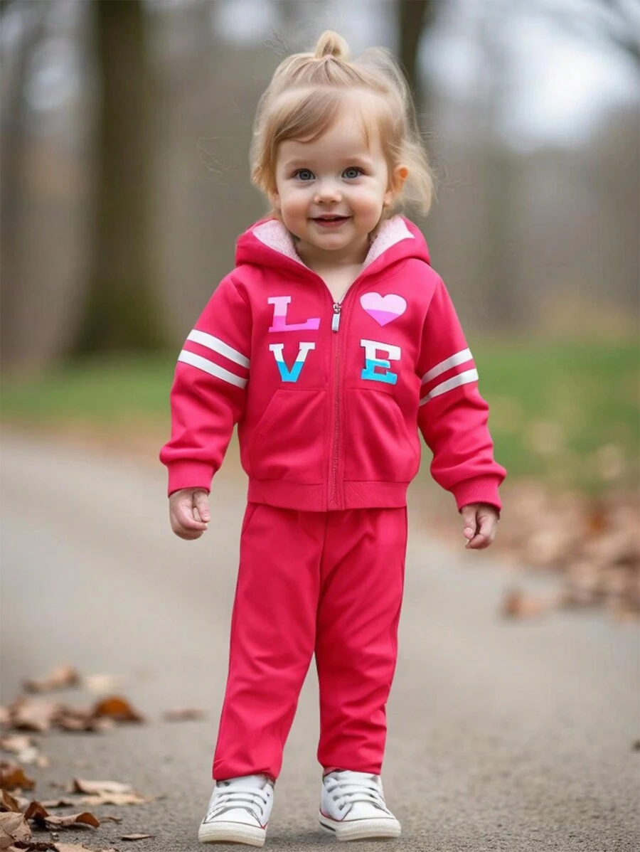 Baby Girl Holiday Letter & Heart Hooded Jacket And Pants Casual Outfit, Autumn/Winter - Pink - View 1