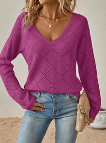 SHEIN Clasi 大码女式优雅 V 领格子套头毛衣，休闲秋季针织衫 - 玫瑰紅 - 查看 1