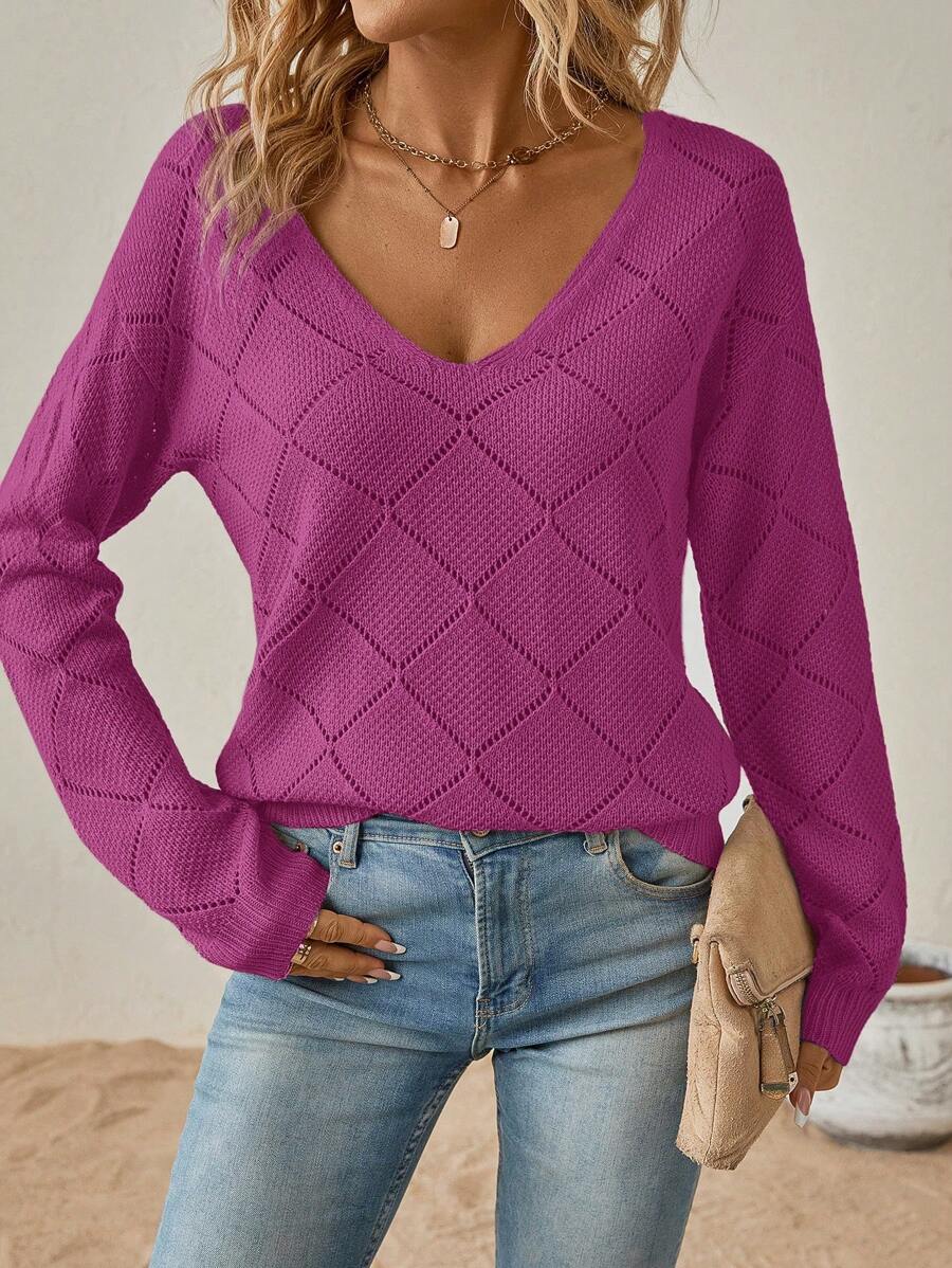 SHEIN Clasi 大码女式优雅 V 领格子套头毛衣，休闲秋季针织衫 - 玫瑰紅 - 查看 1