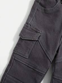 SHEIN Pantalones de carga de mezclilla de alto estiramiento gris oscuro estilo callejero para bebés niños, para usar a diario en otoño/invierno