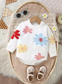 Baby Girls Floral Print Long Sleeve Round Neck Buttoned Sweater Bodysuit, Soft And Suitable For Everyday, Outings, Travel, Vacation, Home, Daycare And Baby Girl Activities Wear