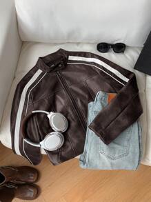 SHEIN EZwear Chaqueta corta marrón de manga larga a rayas, informal, para mujer, de otoño