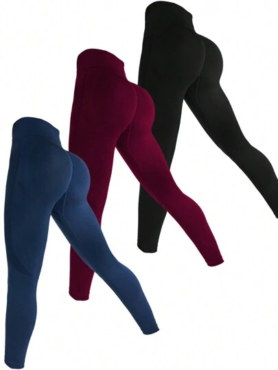 Easithlete 3 件套女士纯色高腰无缝高弹力健身紧身裤，适合日常健身瑜伽裤