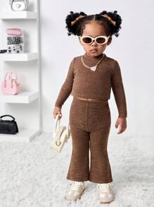 SHEIN Baby Girl Cute Brown Long Sleeve Top And Elastic Waist Flared Pants Set, Mommy And Me Matching Outfits (2 Sets Sold Separately) - Brown - View 11
