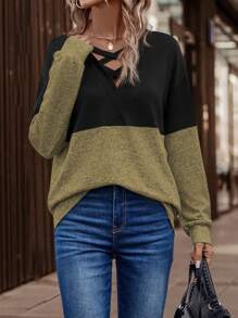 SHEIN LUNE Áo nỉ tay rớt phối màu giản dị, áo chui đầu mùa thu. - Màu Mù tạt vàng - Xem 5