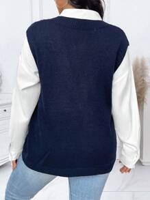 Calvaya Plus Size Women's Summer Floral Embroidery V-Neck Casual Sweater Vest - Navy Blue - View 2