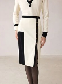 BizChic White Color Block Knit Skirt, Suitable For Christmas, New Year Party, Autumn/Winter Wear - Apricot - View 2