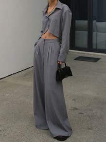 DAZY 2pcs/Set Women's Solid Color Shirt With Collar & Casual Long Pants