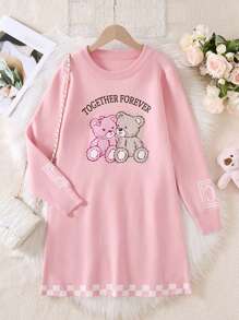 Girls Pink Crew Neck Knit A-Line Dress With Letter Jacquard Knit & Bear Print, For Tween Girl - Pink - View 1