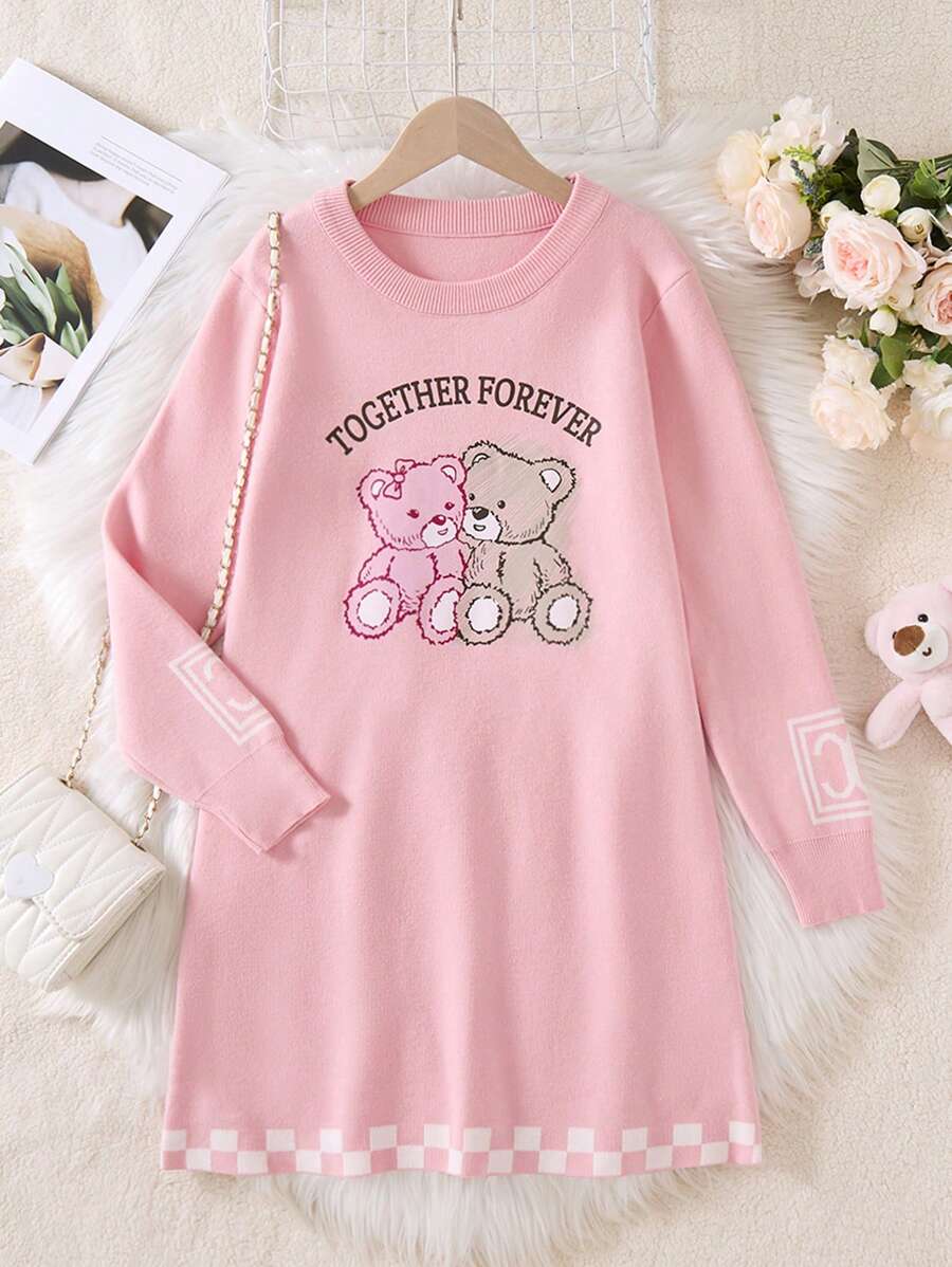 Girls Pink Crew Neck Knit A-Line Dress With Letter Jacquard Knit & Bear Print, For Tween Girl - Pink - View 1