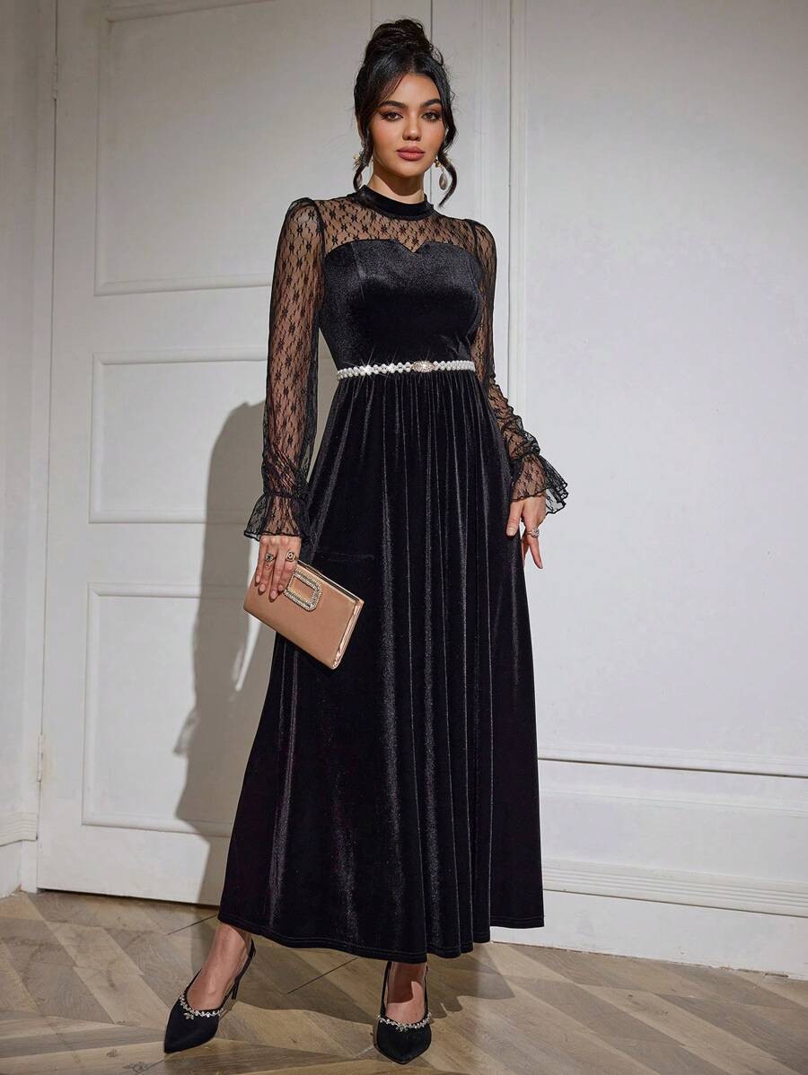 Modelyn Váy dài tay bèo ren nhung tương phản cho nữ, trang phục Maxi thu đông cho nữ, váy dạ hội dài - màu đen - Xem 1
