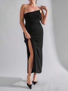 RueChic Plus Women's Slim Fit One Shoulder Slit Evening Party Dress