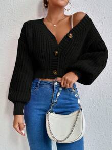 EMERY ROSE 女士休闲纯色纽扣宽松开衫毛衣，秋季，长袖上衣 - 黑色 - 查看 3