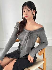 FRIFUL 女式露肩纯色网眼撞色毛衣，秋季 - 灰色 - 查看 3