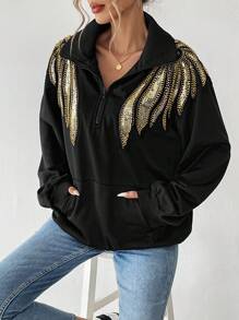 Chiquease Women Casual Solid High Collar Half-Opening Color Block Golden Wing Sequins Sweatshirt Pullover Fall Outfit - Black - View 4