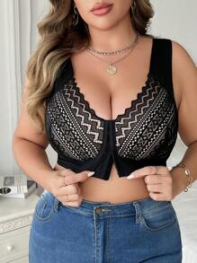 1 pièce de soutien-gorge sans armatures en dentelle contrastée à fermeture frontale grande taille, lingerie - Noir - Voir 6