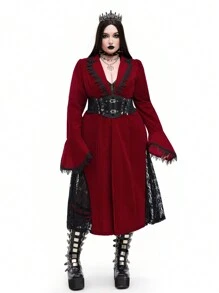 Whyspr Goth Punk Dark Punk Gothic Style Red Splice Black Lace Trim Vintage Elegant Jacket Fall Cloth For Women - Red - View 4