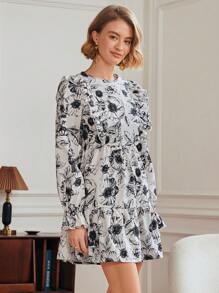 Chiquease Robe longue élégante à manches longues avec imprimé floral pour femme - Multicolore - Voir 4