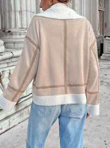 SHEIN LUNE Women Casual Basic Faux Shearling Lined Pockets Jacket Coat, Autumn/Winter - Apricot - View 2