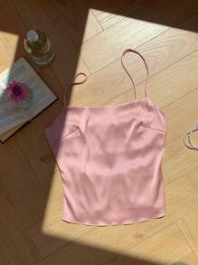Comfortcana Ladies' Solid Color Satin Backless Camisole With Tie Knot - Dusty Pink - View 5