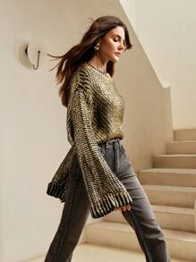 Anewsta 黑色针织套头衫，渐变银箔图案，适合秋冬季节和圣诞节穿着。 - 金色 - 查看 5