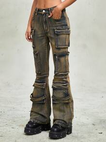 ROMWE Grunge Punk Distressed Women Flare Leg Jeans, Retro Punk Street Style - Grey - View 5