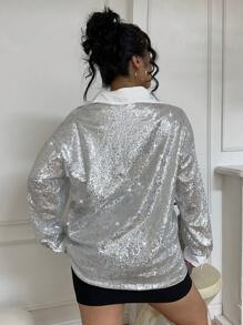 Calvaya Plus Size Shiny Silver Sequined Elegant Party Blouse For Women Women Shirt