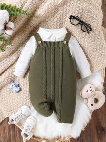 Baby Boy Army Green Autumn Sweater & Overall Set,Cute Childlike Matching Family Outfit For Party,Holiday & Outdoor Activities,Winter Knitwear - Multicolor - View 1
