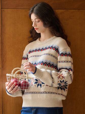Simple Retro wool printed round neck sweater