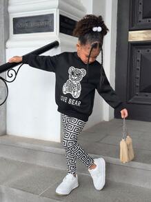 SHEIN Young Girl Sports Casual Knit Crew Neck Pullover Sweatshirt Set - Black and White - View 3