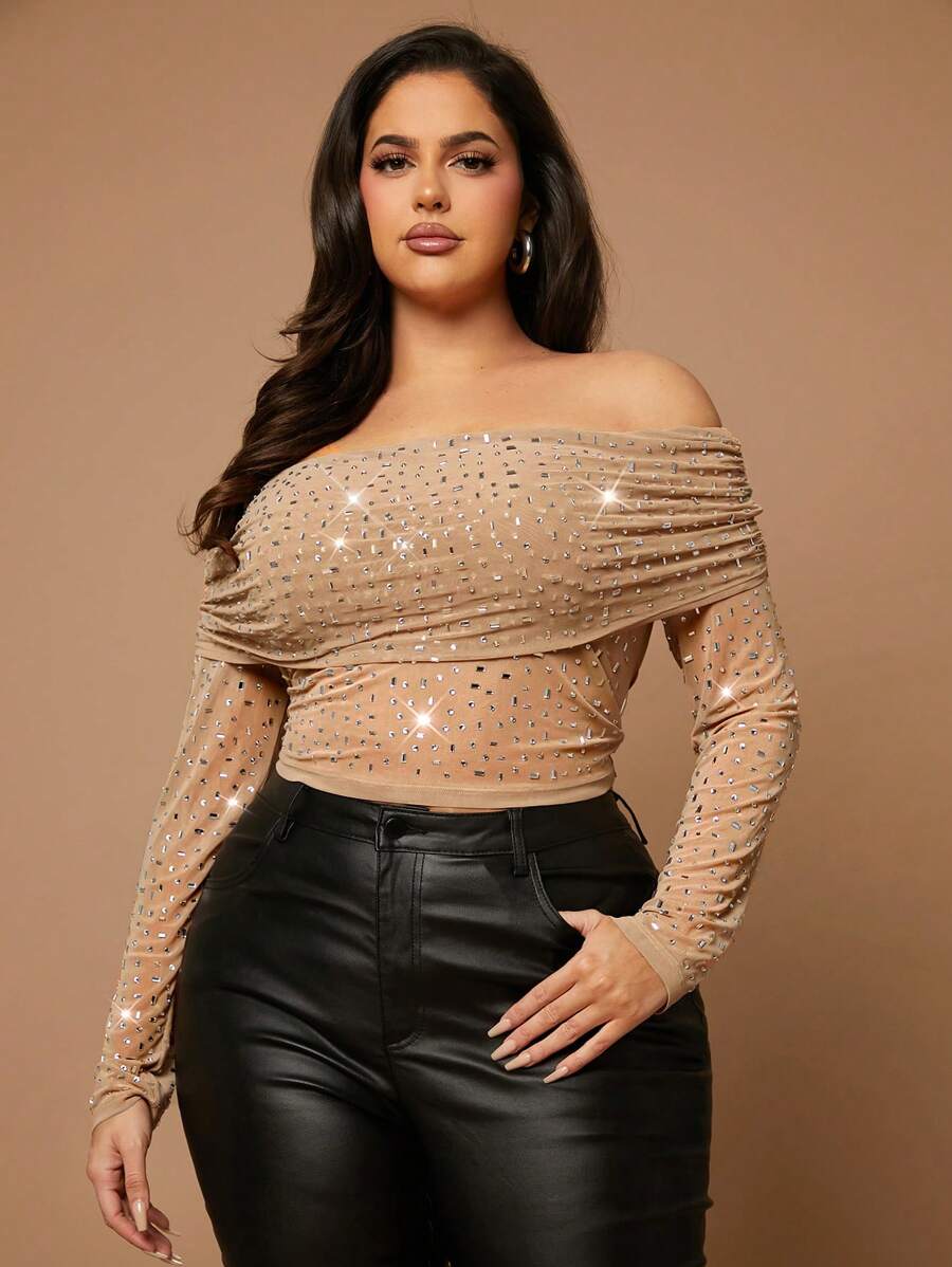 SHEIN BAE 大码秋季单件优雅派对性感甜美女士裸色透明水钻装饰露肩抹胸聚拢长袖上衣派对装生日派对上衣 - 駝色 - 查看 1