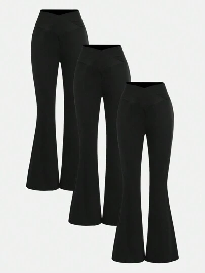 SHEIN Girlism Tween Girls Solid Black Sports Street Fashion Knitted Solid Color Flare Legging Pants 3pcs/Set, Daily Wear, School, Campus, College