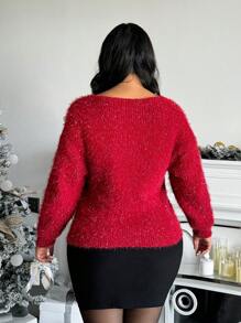 SHEIN SXY Plus Size Women Christmas V-Neck Bow Decor Red And White Sweater,Autumn Curve Party Red Sweater,Christmas Eve,Fall & Winter,Date Night,Looks Slim - Red - View 2