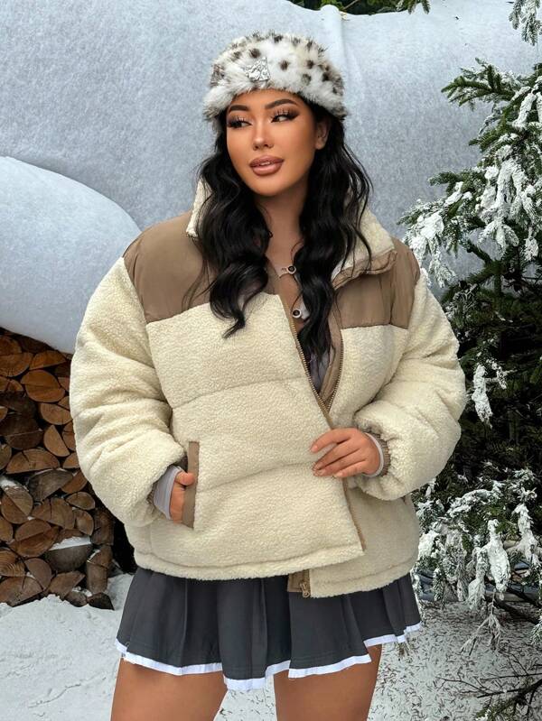 SHEIN SXY Plus Size Winter Casual Color Blocked Zipper Front Stand Collar Padded Coat